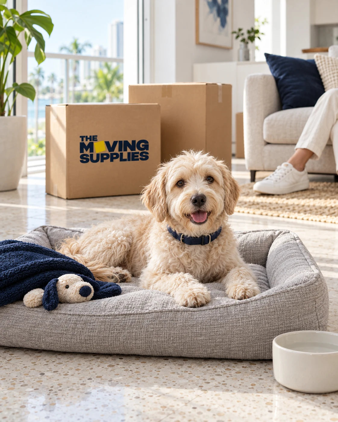 A dog resting in a familiar bed with moving boxes behind it.