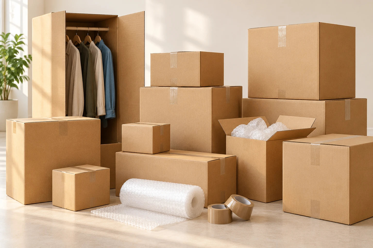 Kraft moving boxes photographed on a white background.