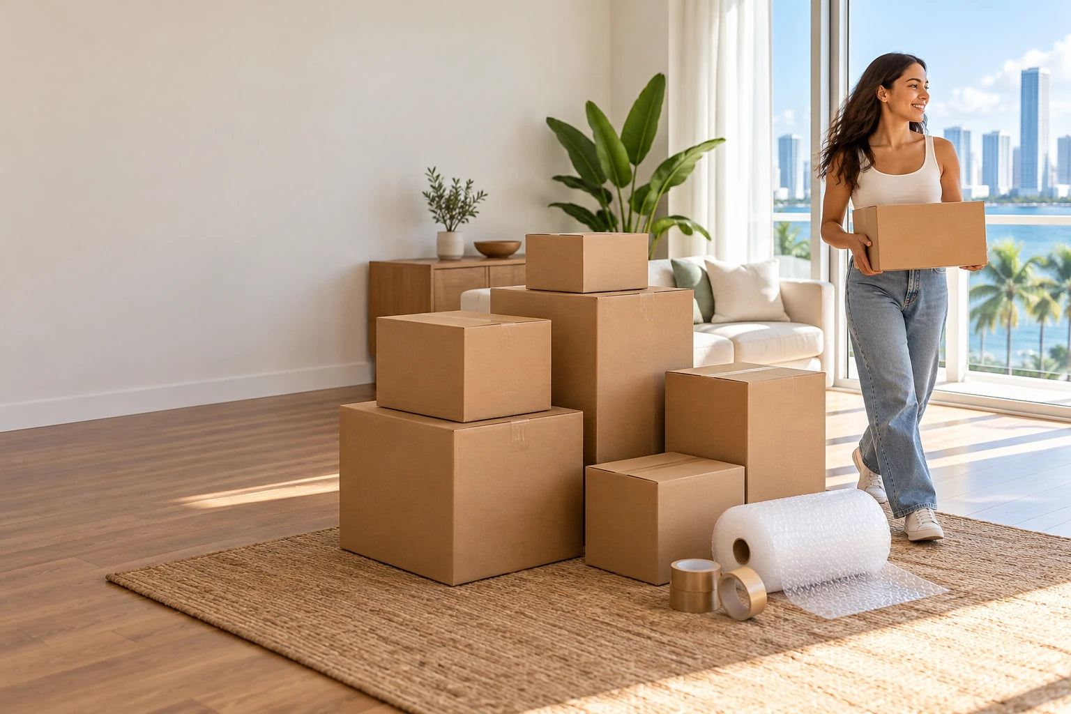 Moving boxes and a person settling into a bright home.